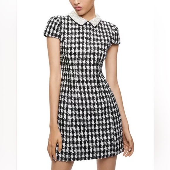 Alice + Olivia Monochrome Checkered Mini Dress with Pearl Collar - Picture 1 of 5